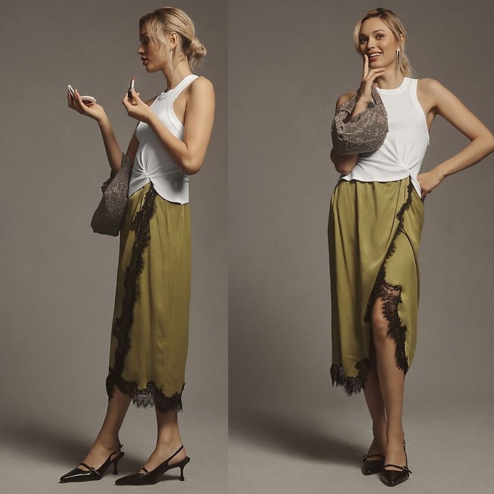 New! With Tags! Anthropologie Olive Green Lace-Trim Midi Skirt